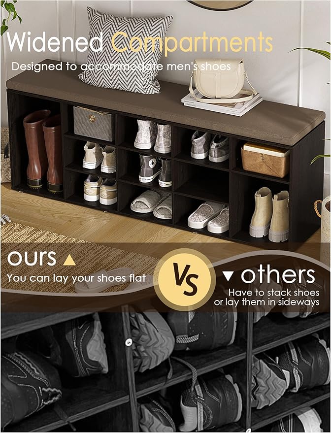 DINZI LVJ Shoe Storage Bench with Cushion, 15-Cubby Shoe Rack, Adjustable Shelves, Long Shoe Organizer Bench for Entryway, Mudroom, Hallway, Living Room, Bedroom and Garage