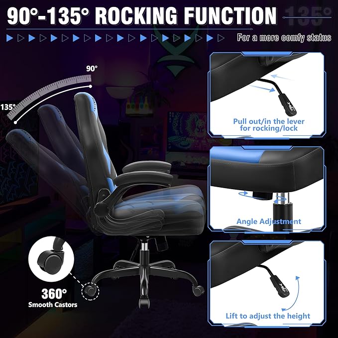 Gaming Chair, Leather High-Back Home Office Desk Chair with Flip-Up Arms, Ergonomic Padded Rolling Wheels Swivel Tilt Gamer Computer Chair with Comfy Lumbar Support, Height Adjustable, Blue