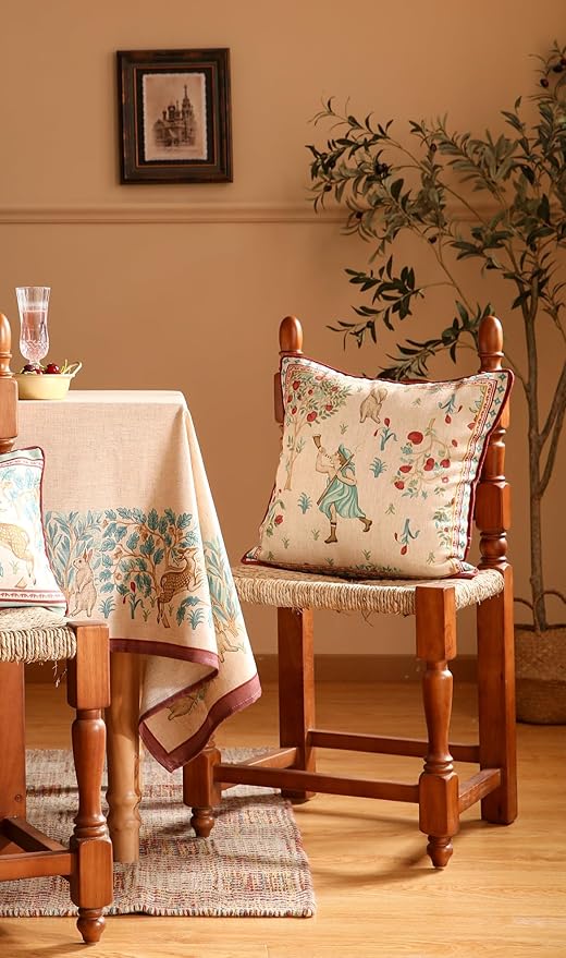 patdrea Designer Pack of 2 Square Throw Pillow Covers,Farmhouse Vintage Linen with Beige Ancient Idyll Pattern Pillows Cover,Decorative Pillowcases Cushion for Bed Living Room Outdoor Car,18"x18"