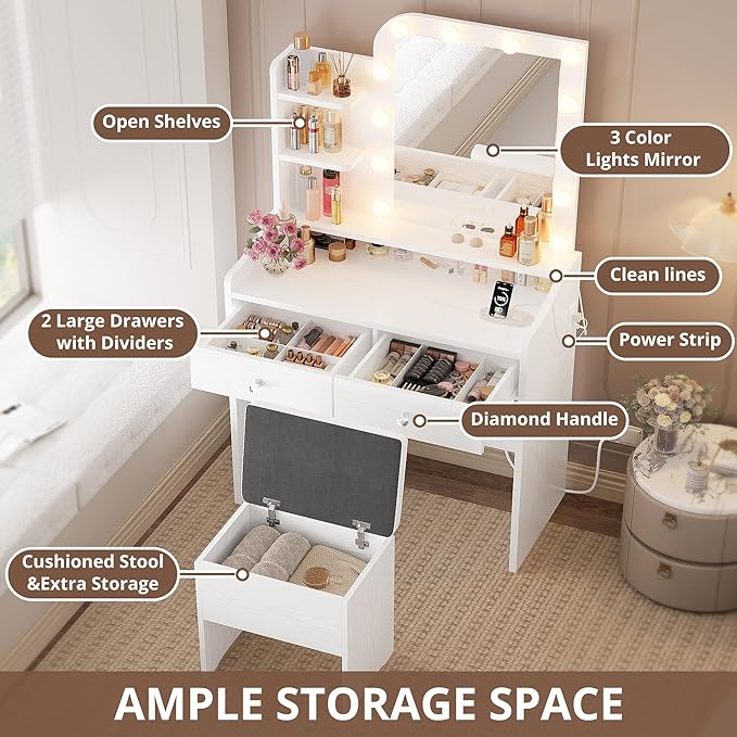 LIKIMIO Vanity Desk with Mirror and Lights, Makeup Vanity Table Set with Storage Stool, Makeup Drawer Organizer, 3 Color Modes Adjustable Bulb, Power Outlet, White Vanity for Bedroom