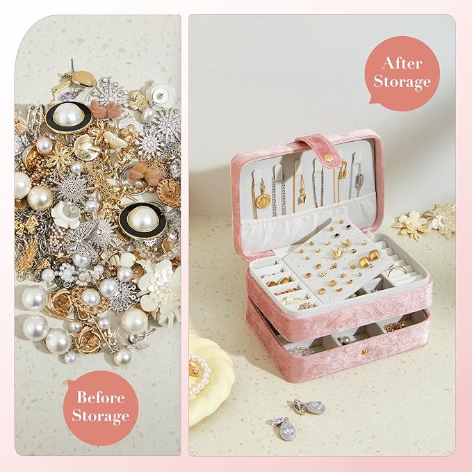 Velvet Small Jewelry Box for Women Girls, Double Layers Travel Portable Jewelry Case for Ring, Pendant, Earring, Necklace, Bracelet Organizer Storage Holder Boxes, Pink