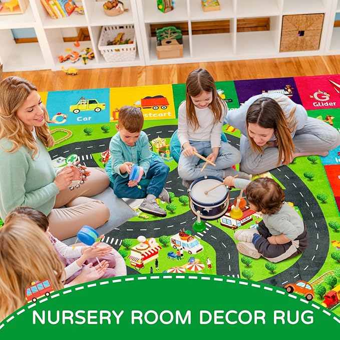 Kids Rugs Traffic Road Carpet Play Rug 59"×39.4" for Playroom Transportation ABC Educational Mat Alphabet Area Rug, Kids Playtime Collection Toddler Car Track Rug Cute Cartoon Animal Letters