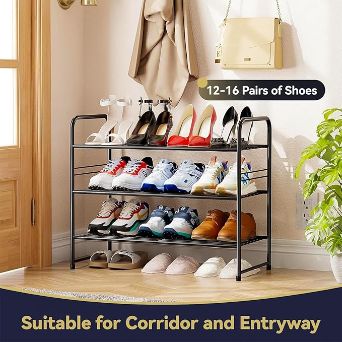 3-Tier 27” Wide Shoe Rack for Closet, Metal Stackable Shoe Shelf Organizer, Black