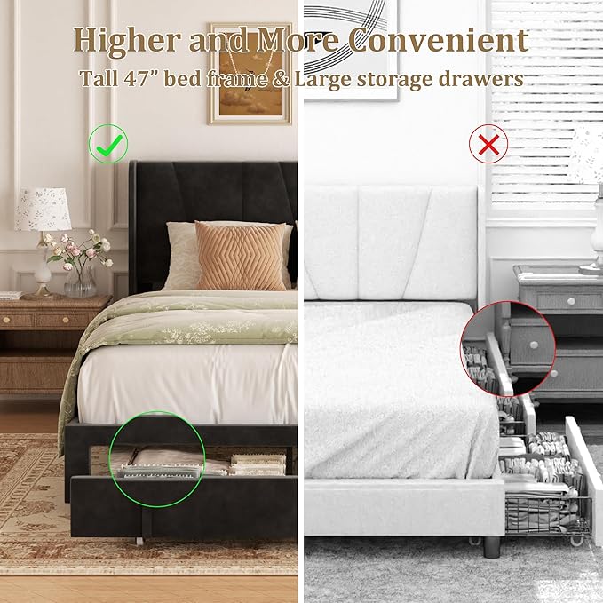 Queen Bed Frame with Storage Drawers, Upholstered Queen Size Platform Bed with 47" Tall Headboard and Wingboard, No Box Spring Needed, Noise Free, Easy Assembly, Wooden Support Slats, Black