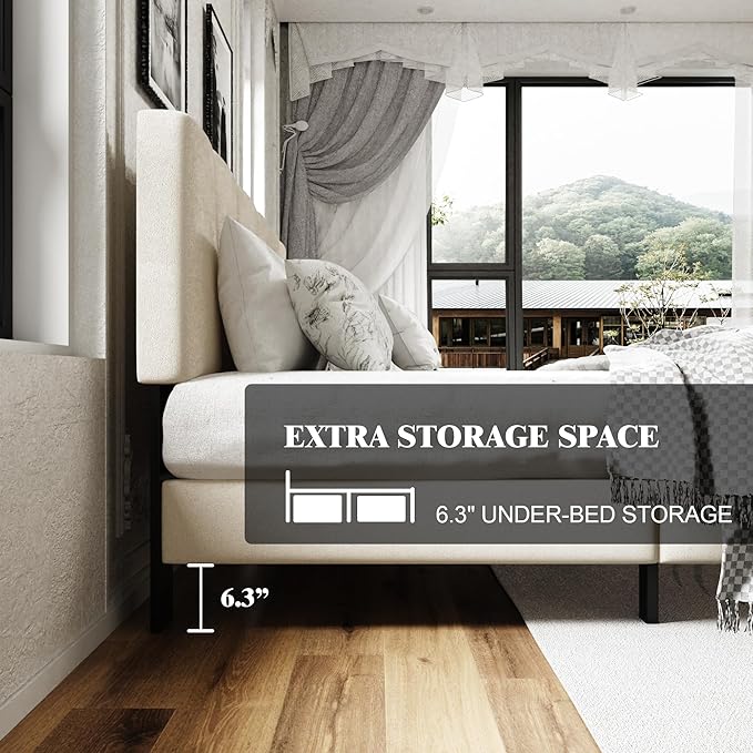 Full Size Platform Bed Frame with Upholstered Headboard, Wooden Slats Support, Noise Free, No Box Spring Needed, Easy Assembly, Beige, Velvet