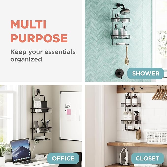 Zenna Home Rustproof Hanging Shower Caddy, Over the Shower Head Caddy with 2 Shelves and Built In Hooks, Aluminum Bathroom Hanging Organizer, Bronze