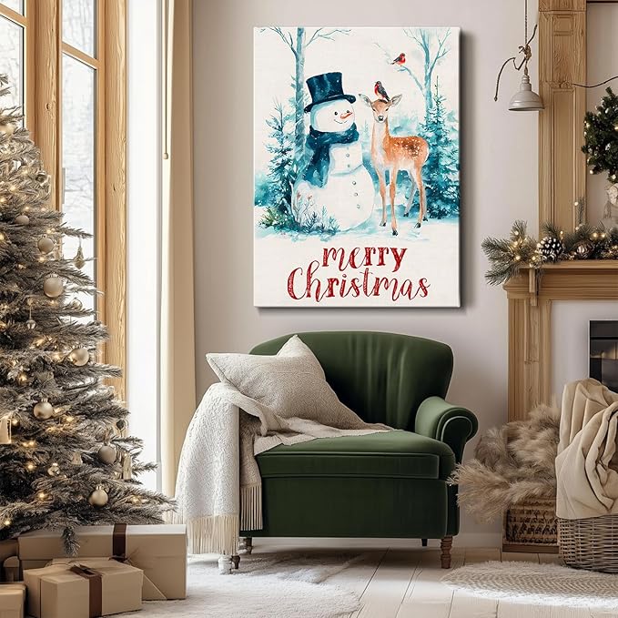 Christmas Snowman with Deer Canvas Wall Art - Rustic Winter Scene Framed Print for Farmhouse Living Room, Cozy Christmas Wall Decor, Ideal Christmas Gifts & Festive Decorations