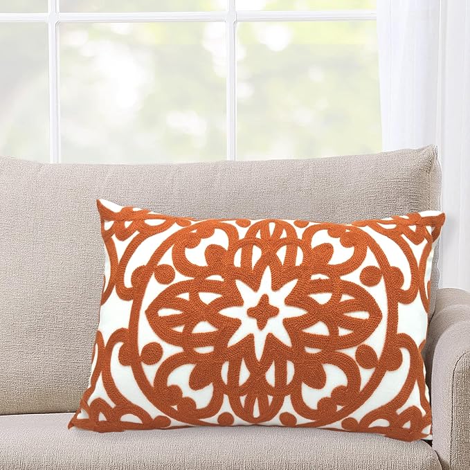 Alysheer Embroidered Lumbar Decorative Throw Pillow Cover 12"x 20", Classic Boho Mandala Embroidery Pattern Cotton Rectangular Cushion Case for Sofa Couch Living Room Bedroom(Burnt Orange)