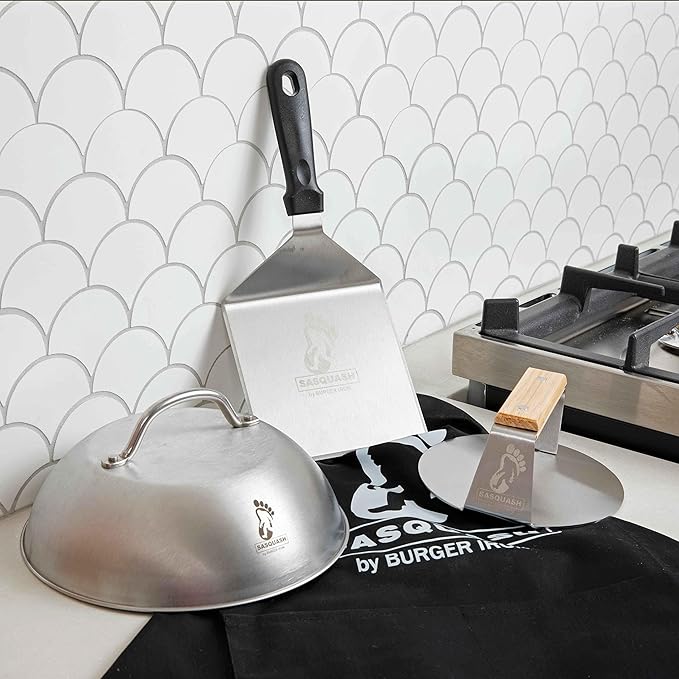 The Sasquash - 6" Heavy Duty Extra Wide Flat Handle Smashed Burger Press - Commercial Grade Welded Stainless Steel Burger Smasher (6 Inch 'Indestructo' Press)