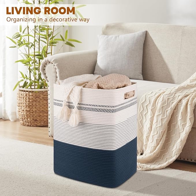 Laundry Hamper, Large Woven Rope Tall Laundry Basket with Handles, 22" X 17" X 13", Decorative Storage Basket for Clothes and Blankets in Living room, Bedroom, Dark Blue& White