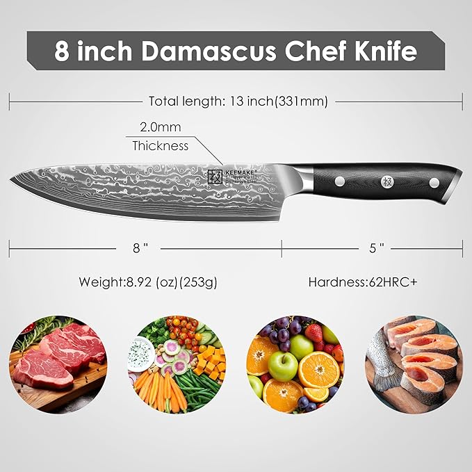 KEEMAKE Chef Knife, 8 Inch Damascus Kitchen Knife, 67 Layers Damascus Steel Knife with Japanese VG10 Core, Razor Sharp Chefs Knife with Ergonomic G10 Handle for Meat Vegetable