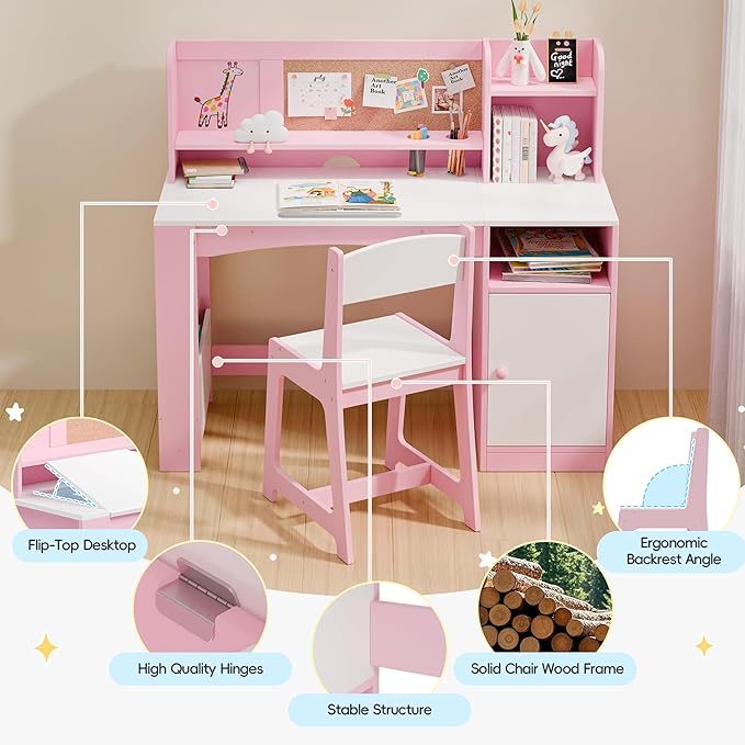 Kids Study Desk with Chair and Tiltable Desktop, Kids Stud Des and Chair Set with Hutch&Storage Cabinet, Wooden Children Study Table for 5-12 Years Old, Student Writing Desk for Bedroom (Pink)