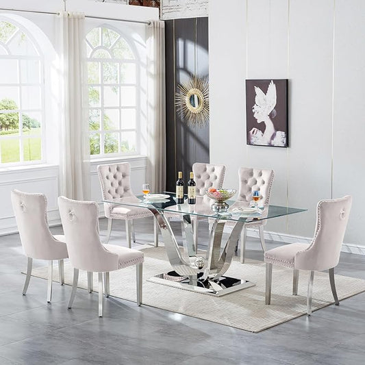 70" Modern Silver Glass Dining Table Set for 6, 7-Piece Rectangle Kitchen Dining Room Table Set with Steel Base & 6 Beige Velvet Upholstered Chairs, Modern Glass Kitchen Table and Chairs Set of 6