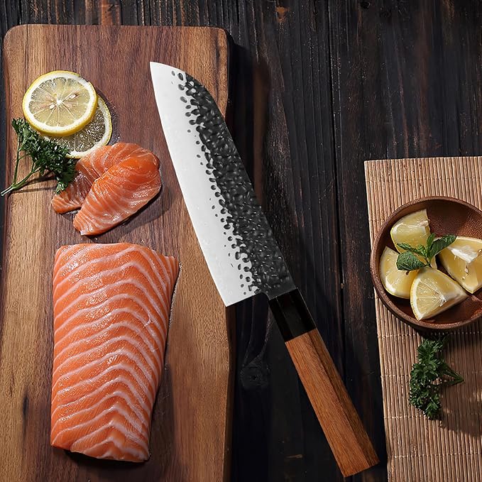 Santoku Chef Knife 7 inch Japanese 3 Layer 9CR18MOV High Carbon Steel Kitchen Knife, Professional Hand Forged Chef's Knife with Rosewood Handle