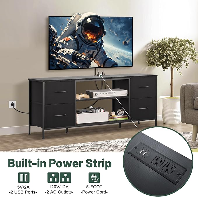 TV Stand for Bedroom, Television Stand for TV up to 55 Inch Entertainment Center Dresser with 4 Drawers Open Storage Shelves for Living Room, Entryway (Black and Charcoal Black)