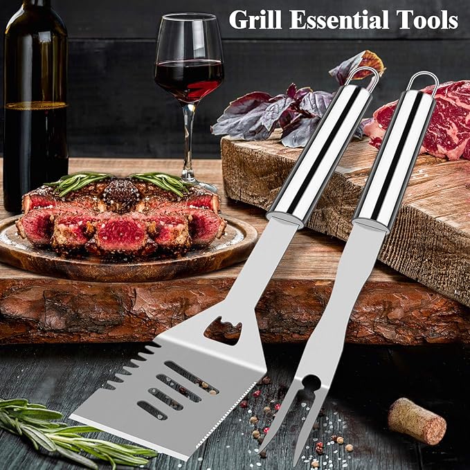 ROMANTICIST 25pcs Extra Thick BBQ Grill Accessories, Fathers Day Grilling Gifts Set for Men Dad, Heavy Duty Grill Tools Utensils Kit with Spatula, Tongs in Aluminum Case for Birthday Silver