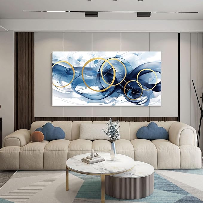HKDGOKA Blue Abstract Wall Art, Graffiti Ink Gradient Living Room Canvas Artwork White Gold Large Wall Picture Modern Office Paintings for Kitchen Dining Room Bedroom Wall Decor 24x48 IN