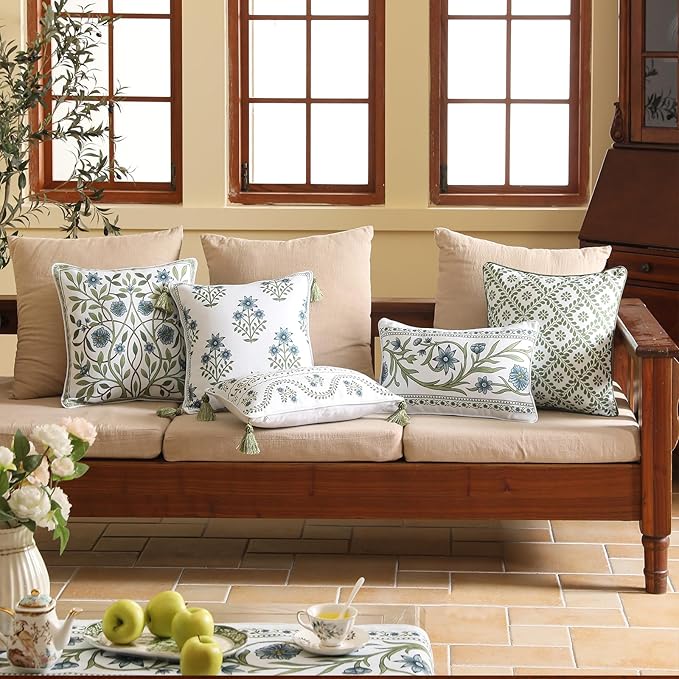 Design Fresh Linen Lumbar Throw Pillow Covers 12"x20" Pack of 2, French White Cottage Cushion Covers with Green Branches Pattern Decoration Pillowcases for Bed,Living Room,Outdoor,Car