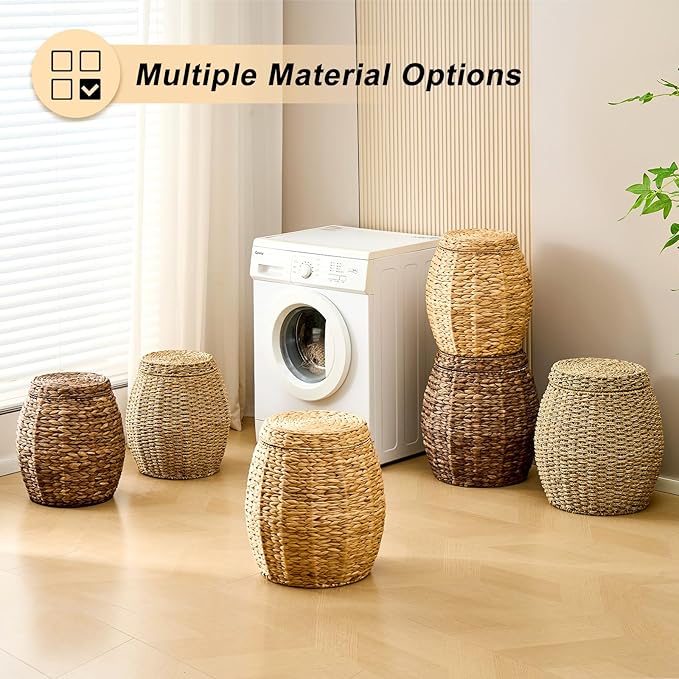 Round Wicker Basket with Lid, Handwoven Water Hyacinth Storage Basket, Blanket Organizer Basket for Laundry, Bathroom, Bedroom, Living Room, Office