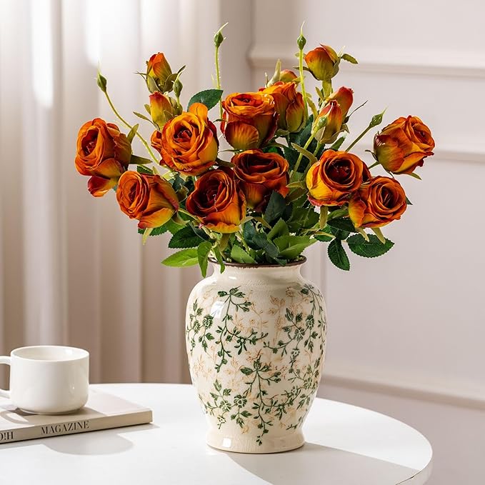 Vintage Green and Beige Vase, Round Ceramic Floral Vases, Retro Ice Cracked Chinoiserie Vase for Home Decor, Living Room, Bookshelf, Office, Grand Millennial Decor, Rustic Table Centerpiece 8 Inch