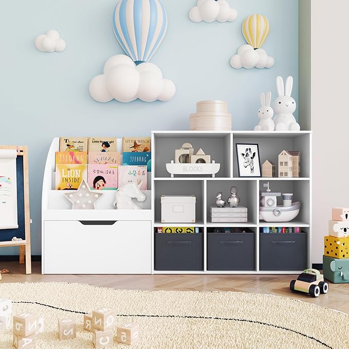 Kids Bookshelf and Toy Storage, Toy Storage Organizers with Movable Drawers & 3 Storage Bins, Kids Reading Nook Toy Organizers Shelf with 5 Cubbies, White