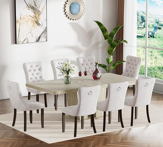 Goujxcy 9-Piece Extendable Dining Table Set for 8, 63-78 Inch Faux Travetine Kitchen Table Set with 8 Beige Upholstered Chairs Modern Wood Expandable Dining Room Table Set for Kitchen Apartment