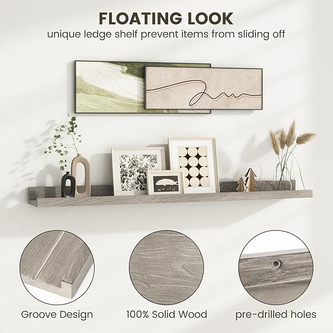 Picture Ledge Shelf, 56 Inch Elm Wood Floating Shelves for Wall, Nursery Bookshelf for Storage with Lip, Photo & Picture Ledge Shelves for Bedroom, Living Room, Kitchen (Grey, 56in Set of 2)
