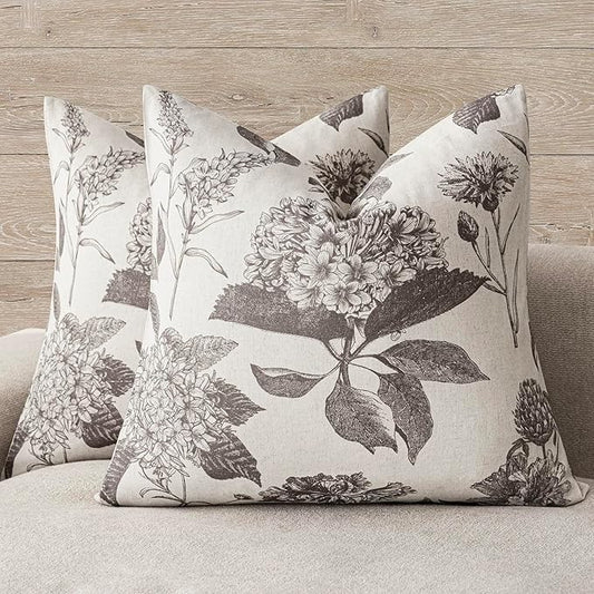 Foindtower Set of 2 Linen Floral Vintage Throw Pillow Covers Neutral Accent Decorative Cushion Covers Farmhouse Boho Home Decor for Sofa Chair Couch Bedroom Living Room Outdoor,20×20 Inch,Light Gray