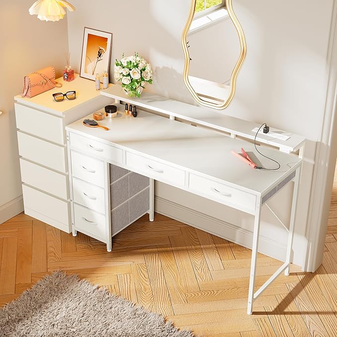 Huuger Gaming Desk with 6 Drawers, Computer Desk with LED Lights Power Outlets and Type-C, 47 Inch Office Table with Storage, Monitor Stand, Writing & Work Home Office, Bedroom, Study, White