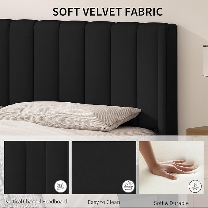 King Size Upholstered Platform Bed Frame with Modern Wingback & Vertical Panel Headboard, Linen Fabric, Wooden Legs & Slats Support, No Box Spring Needed, Noise-Free & Easy Assembly, Black