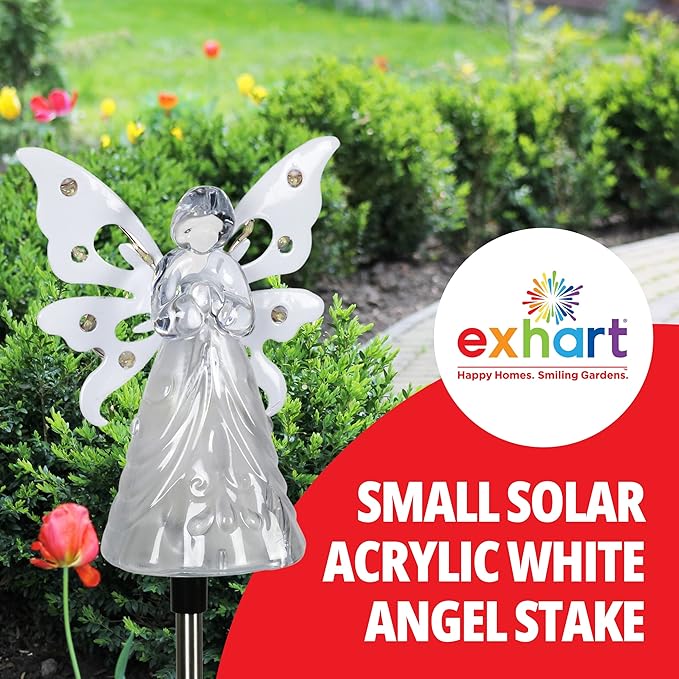 Exhart Garden Solar Lights, Decorative Angel Garden Stake, 12 LEDs, Cute Yard and Pathway Decor, White, 4 x 34 Inch