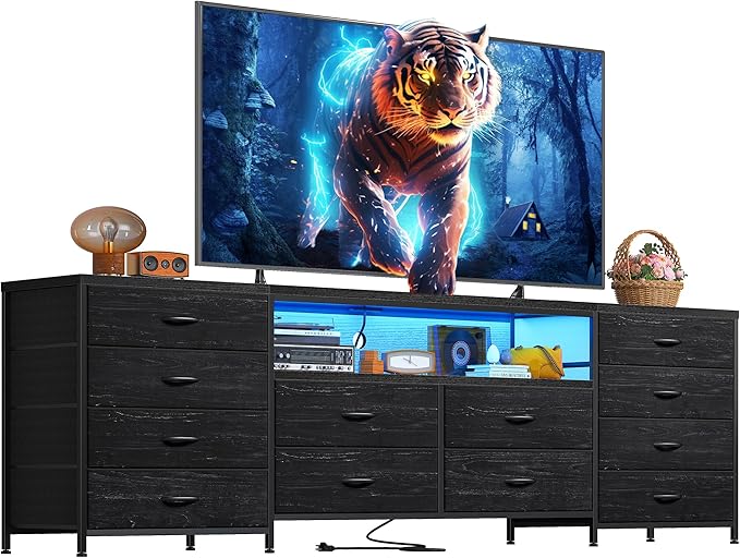 Fits 65,70 inch TV Stand Dresser 63" W TV Console for Bedroom with LED Lights & Power Outlets Black Chest of Drawers with 12 Long Fabric Dressers for Bedroom, Hallway or Closets Entertainment Center