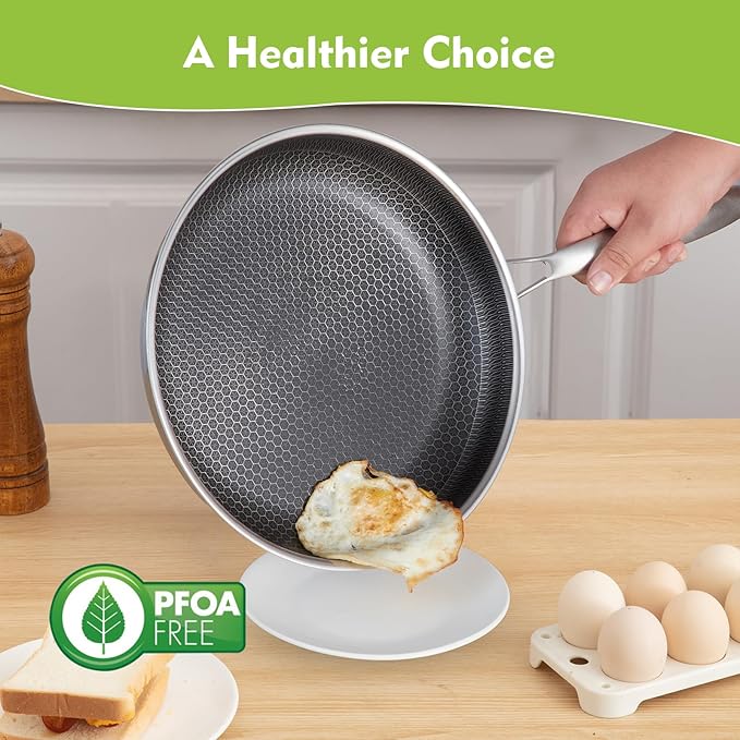Non Stick Frying Pans, Hybrid 12 Inch Frying Pans Nonstick with Lid, Stainless Steel Skillets Chef Cookware, PFOA Free, Works on Induction,Ceramic,Gas Cooktops and Ovens