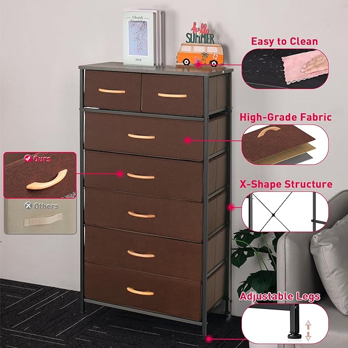 Tall Dresser for Bedroom, Vertical Storage Organizer Tower with 7 Drawers, Chest of Drawers with Fabric Bins, Steel Frame, Wood Top for Bedroom, Closet, Entryway- Brown