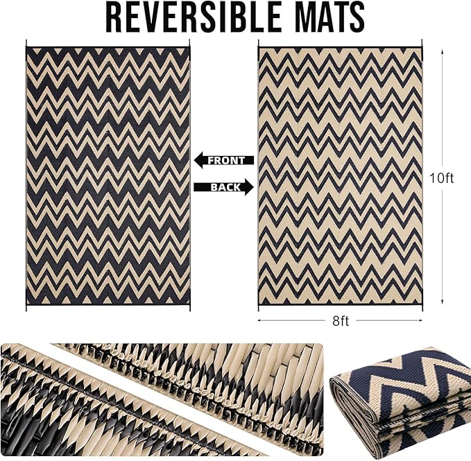 OLANLY Waterproof Outdoor Rug 9x12 ft Clearance, Reversible Outdoor Plastic Straw Rug, RV Mat, Indoor Outdoor Carpet for Patio, Camping, Balcony, Deck, Backyard, Black & Beige