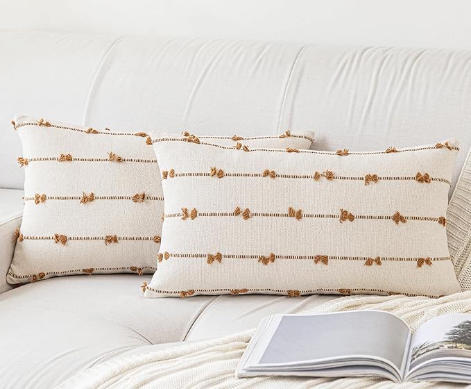 Boho Throw Pillow Covers 12x20 Set of 2 Modern Farmhouse Decorative Cushion Case Tufted Square Pillows Cover Neutral Pillow Cases Accent Pillowcase for Sofa,Couch,Bed,Beige and Brown