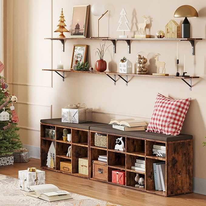 DINZI LVJ Shoe Storage Bench with Cushion, Cubby Shoe Rack with 12 Cubbies, Adjustable Shelves, Multifunctional Shoe Organizer Bench for Entryway, Mudroom, Hallway, Closet and Garage, Rustic Brown