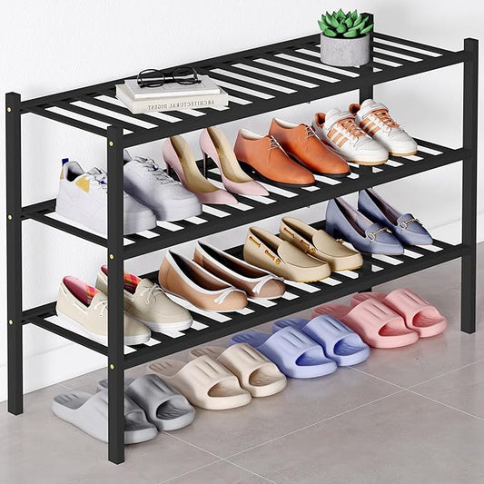 Smiry Bamboo Shoe Rack for Closet, 3 Tier Long Wooden Stackable Shoe Organizer, Free Standing Shoes Storage Shelf for Entryway, Front Door Entrance, Black