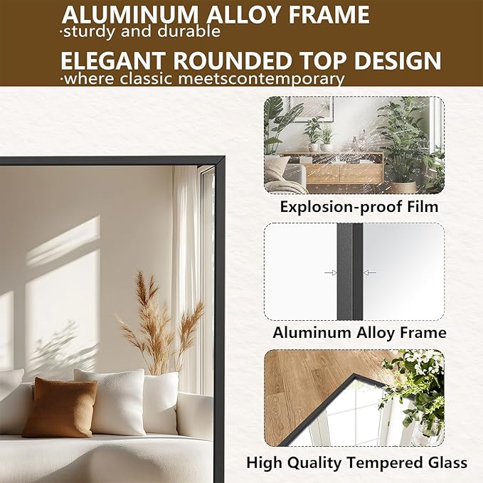 Koonmi Large Mirrors, 71"x26" Full Length Mirror with Stand, Full Body Mirror with Aluminum Alloy Frame, Hanging or Leaning Against Wall Floor Standing Mirrors for Bedroom Living Room, Black