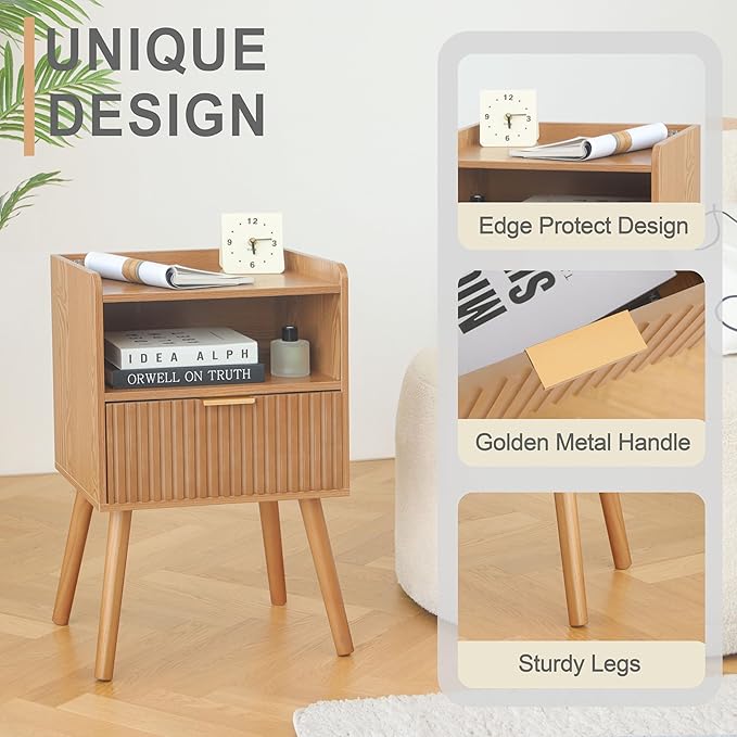AWASEN Fluted Nightstand, Mid Century Modern Bedside Table with Storage Drawers, Wood Night Stand Bed Side Table with Solid Wood for Living Room, Bedroom, Office and Small Space (Brown)