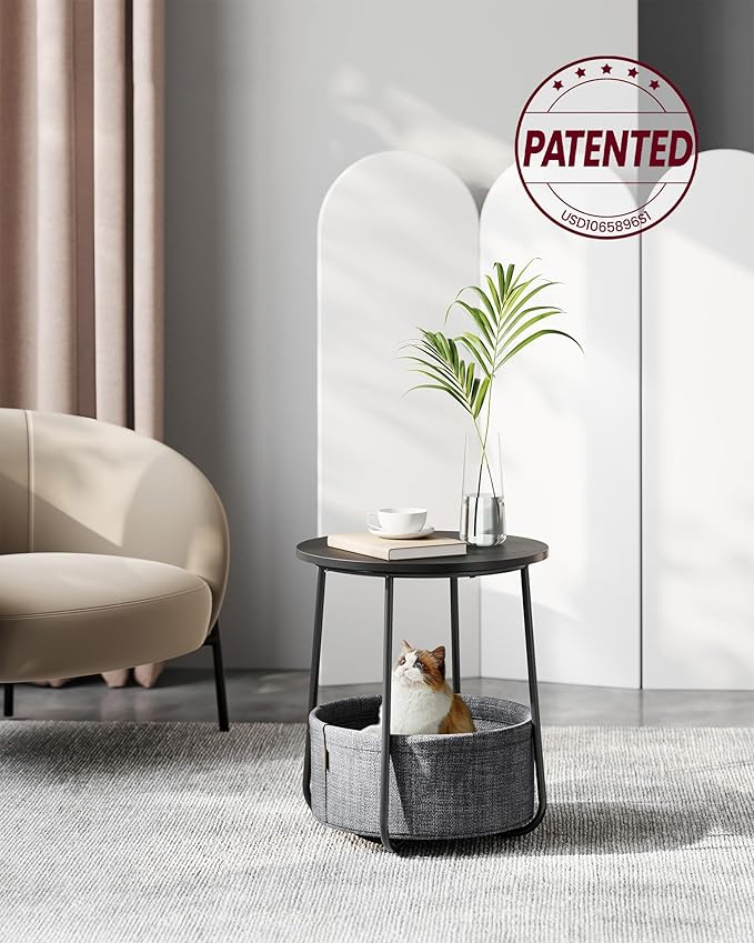 VASAGLE Small Round Side End Table, Modern Nightstand with Fabric Basket, Ebony Black and Slate Gray ULET223B01