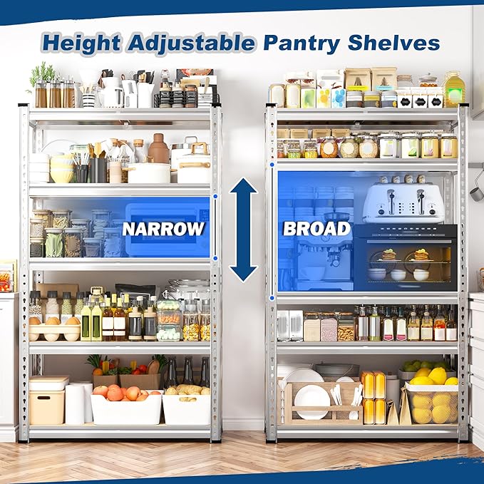 REIBII Storage Shelves 2020LBS Garage Shelving Heavy Duty 5 Tier Metal Shelving Adjustable Pantry Shelves for Kitchen Warehouse Basement 28" W x 12" D x 59.8" H, Silver