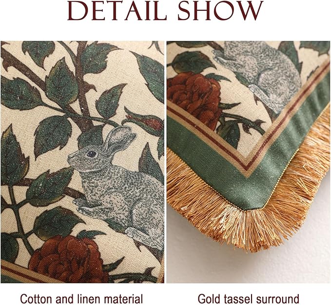 patdrea Designer Throw Pillow Covers Set of 2,French Elegant Green Linen with Rose and Animal Floral Pattern Pillow Covers,Decorative Square Pillowcases Cushion for Bed Living Room Outdoor,18"x18"