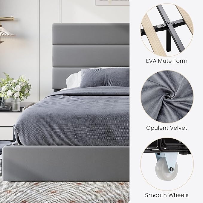 SHA CERLIN King Size Platform Bed Frame with 4 Storage Drawers, Velvet Upholstered Headboard, Mattress Foundation with Wooden Slats Support, No Box Spring Needed, Easy Assembly, Grey