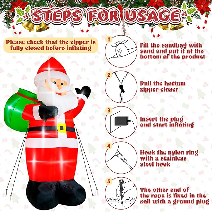 15FT Christmas Inflatables, Giant Inflatable Santa Claus Holding Gift Bags, Blow Up Christmas Santa Claus with 8pcs LED, Inflatable Santa Claus Outdoor Decorations for Party Holiday Lawn Yard