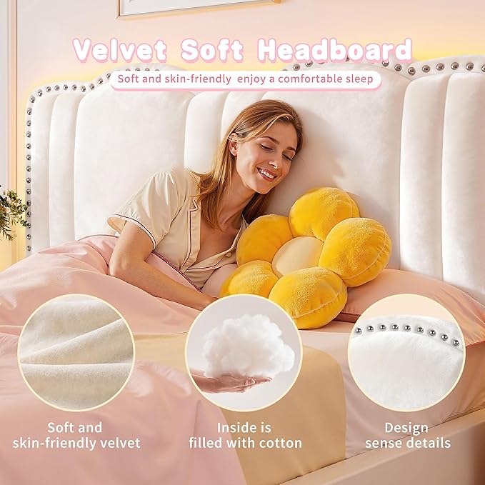 EnHomee Queen Bed Frame with LED, Velvet Upholstered Cloud Headboard and Drawers, Bed Frame Queen Size with Height Adjustable Headboard, Solid Wooden Slats, No Box Spring Needed, Easy Assembly, Cream