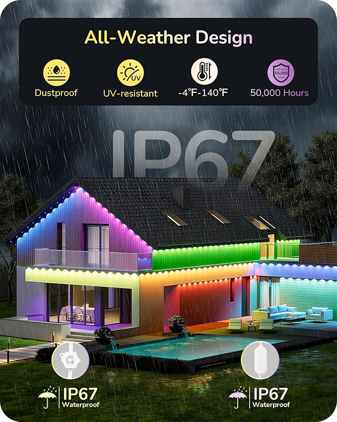EDISHINE 150FT Cuttable Permanent Outdoor Lights PRO, 90 LED Smart RGB+IC+Warm White Eave Light, 111+ Scene Modes, App/Remote Contrtol, IP67 Waterproof for House Year-Round Decor, Alexa Google Enable