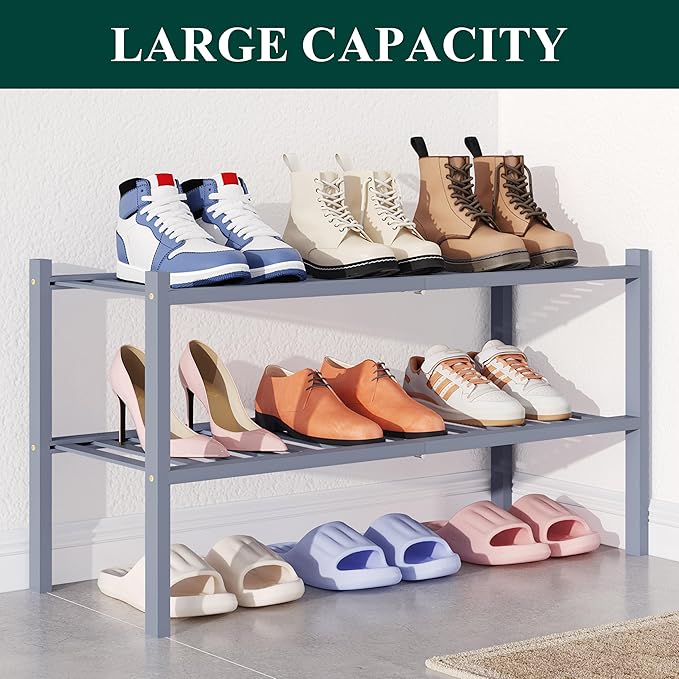 Smiry Bamboo Shoe Rack for Closet, 2 Tier Wooden Stackable Shoe Organizer, Free Standing Shoes Storage Shelf for Entryway, Front Door Entrance, Grey