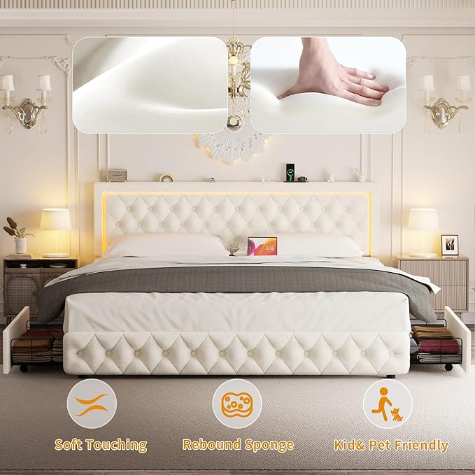 Full Bed Frame with 4 Storage Drawers, Velvet Upholstered Bed Frame Full Size with Charging Station and LED Lights, 46" Adjustable Button Tufted Headboard, No Box Spring Needed, Beige
