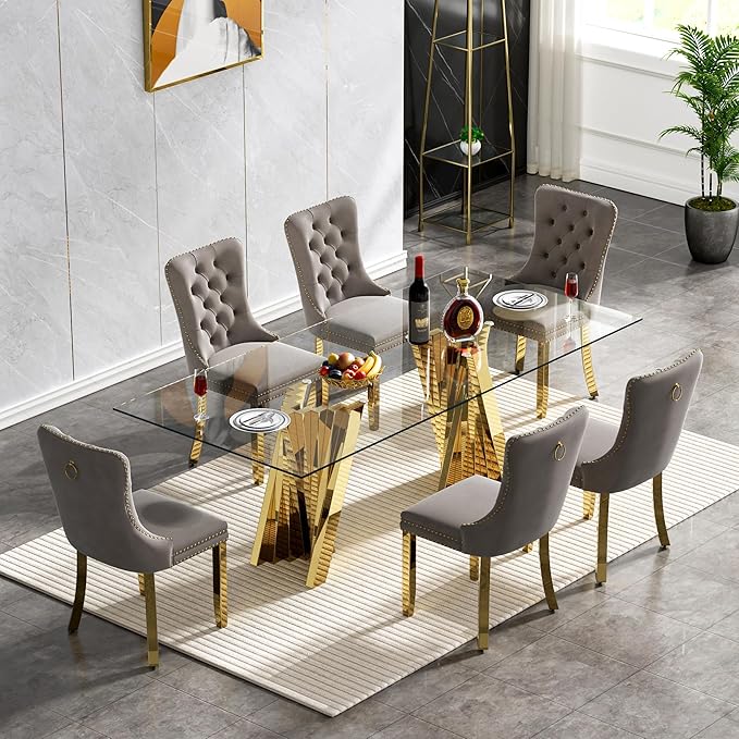 Goujxcy 70" Glass Dining Table Set for 6, Modern Gold Dining Table Set with 6 Grey Velvet Upholstered Dining Chairs, 7 Piece Kitchen Dining Room Table Set with Stainless Steel Legs